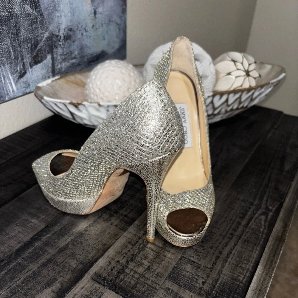 Jimmy Choo Crown  Glitter Fabric Champagne  Platform  7.5 - Picture 4 of 9